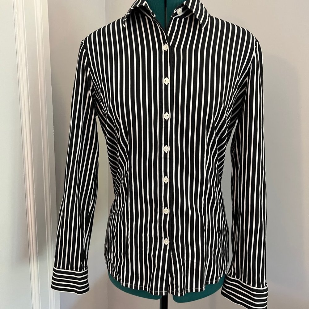 Van Heusen Black & White Striped Button up Blouse - SZ M